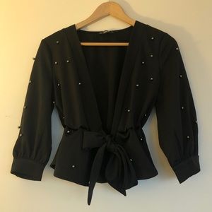 SHEIN Pearl Beaded Sleeve Peplum Top